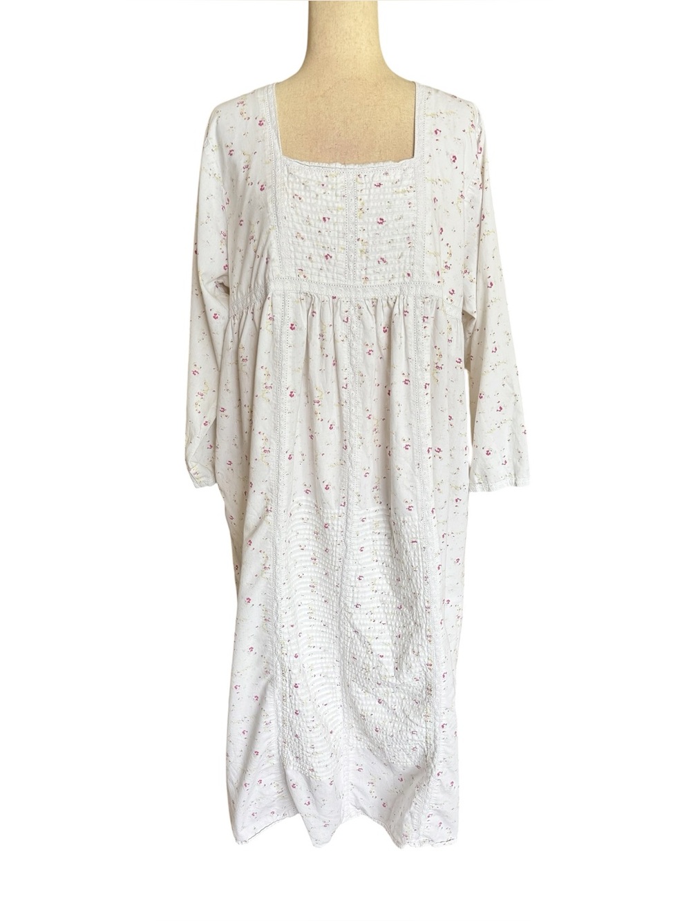 Vintage White Cotton Nightgown with Pink Floral Print - Picture 1 of 4
